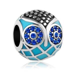 Sterling Silver with Blue & Black Enamel Owl Bracelet Charm